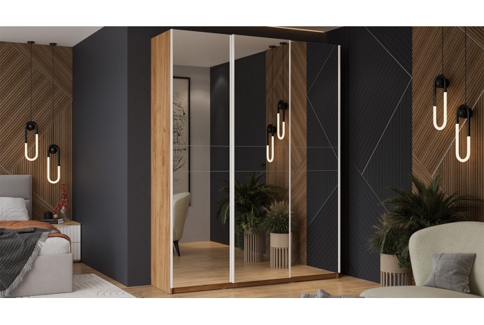 Шкаф-купе с 3 зеркальными дверями «Оскар» 1800 Ручка белая, Дуб Крафт золотой (Зеркало/Зеркало/Зеркало)