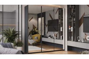 Шкаф-купе с 3 зеркальными дверями Оскар 2100 Ручка черная, Серый графит (Зеркало/Зеркало/Зеркало)