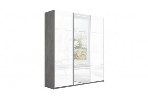 Шкаф-купе 3-х дверный Траст 2100 Бетон, Белый глянец (Стекло/Зеркало/Стекло)