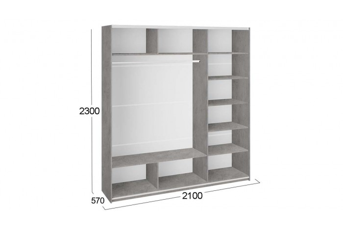 Шкаф-купе 3-х дверный «Траст» 2100 - СШК 2.210.70-15.13.15  Бетон, Белый глянец (Стекло/Зеркало/Стекло)