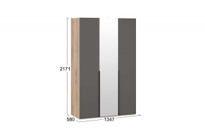 Шкаф для одежды Порто (580) с 2 глухими и 1 зеркальной дверями Яблоня Беллуно, Графит софт