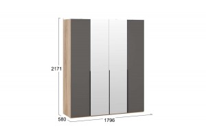 Шкаф для одежды Порто (580) с 2 глухими и 2 зеркальными дверями Яблоня Беллуно, Графит софт