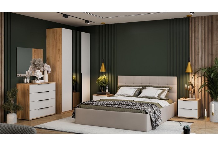 Спальный гарнитур Джоли №1 Дуб Крафт золотой, Белый матовый, Велюр Confetti Smoke