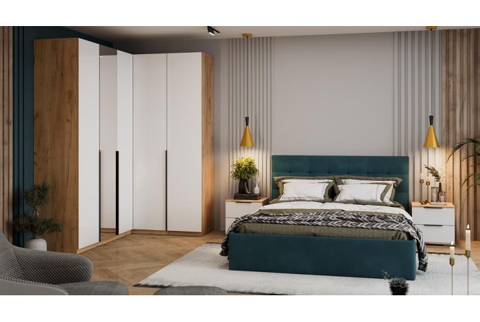 Спальный гарнитур Джоли №3 Дуб Крафт золотой, Белый матовый, Велюр Confetti Izumrud