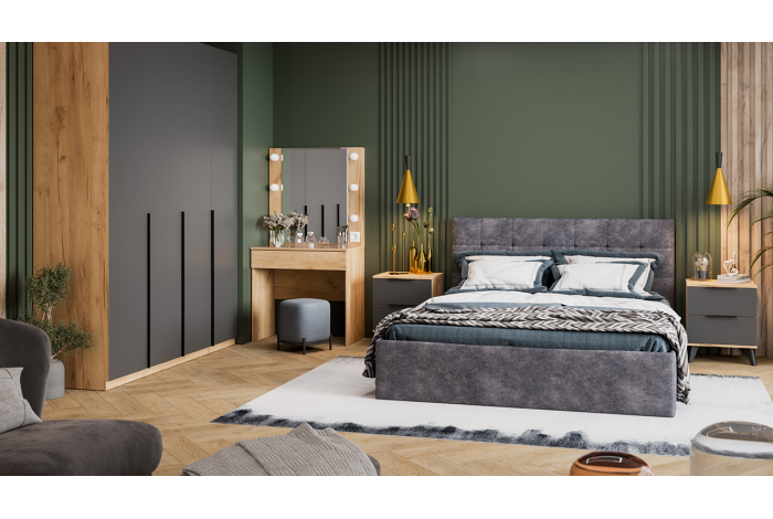 Спальный гарнитур Джоли №6 Черный матовый, Дуб Крафт золотой, Графит матовый