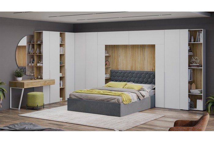 Спальный гарнитур «Порто» №3 - ГН-393.003 Белый Жемчуг, Яблоня Беллуно, Белый софт, Велюр Confetti Stone