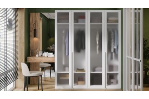 Спальный гарнитур Порто №4 Яблоня Беллуно, Белый Жемчуг/Стекло сатин белое