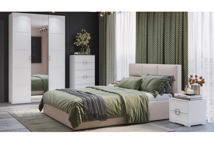 Спальный гарнитур «Стелла» №3 Белый холст, Белый Жемчуг, Велюр Мокко светлый