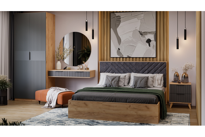 Спальный гарнитур «Хилтон» №7 Бук матовый, Дуб Крафт золотой, Графит матовый