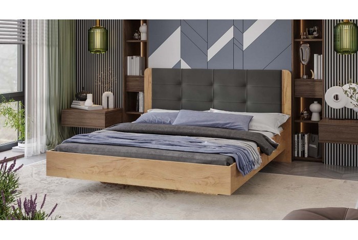 Кровать без ПМ «Торино» 1600 (без подъемного механизма) Дуб Крафт золотой, Велюр Confetti Stone