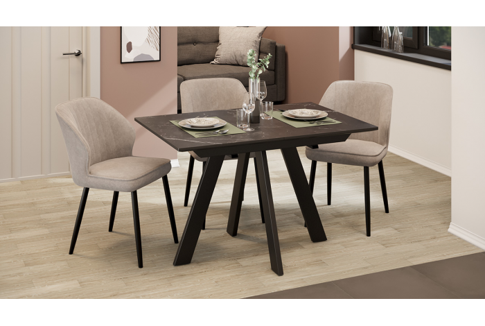 Стол обеденный раздвижной «Бронкс» Тип 1 Черный муар, Керамика матовая белый мрамор