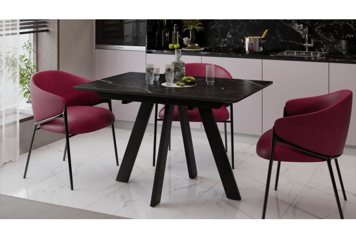 Стол обеденный раздвижной «Бронкс» Тип 1 Черный муар, Керамика матовая белый мрамор