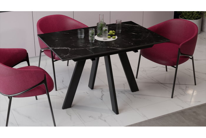 Стол обеденный раздвижной «Бронкс» Тип 1 Черный муар, Керамика матовая белый мрамор