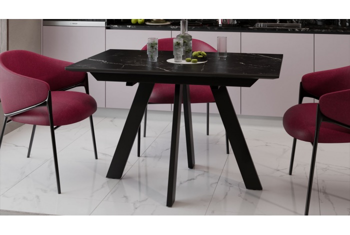 Стол обеденный раздвижной «Бронкс» Тип 1 Черный муар, Керамика матовая белый мрамор