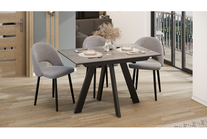 Стол обеденный раздвижной «Бронкс» Тип 1 Черный муар, Керамика матовая серый мрамор