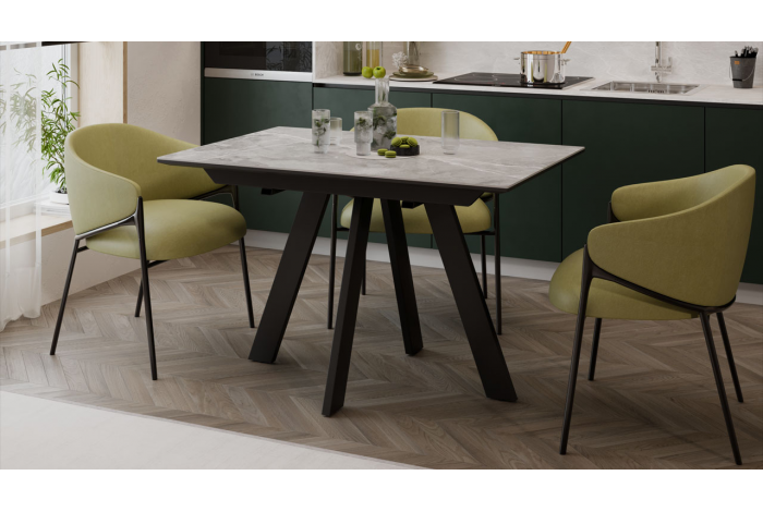 Стол обеденный раздвижной «Бронкс» Тип 1 Черный муар, Керамика матовая серый мрамор