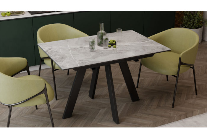 Стол обеденный раздвижной «Бронкс» Тип 1 Черный муар, Керамика матовая серый мрамор