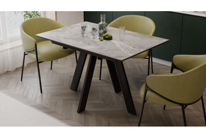 Стол обеденный раздвижной «Бронкс» Тип 1 Черный муар, Керамика матовая серый мрамор