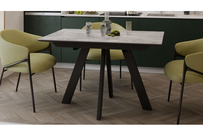 Стол обеденный раздвижной «Бронкс» Тип 1 Черный муар, Керамика матовая серый мрамор