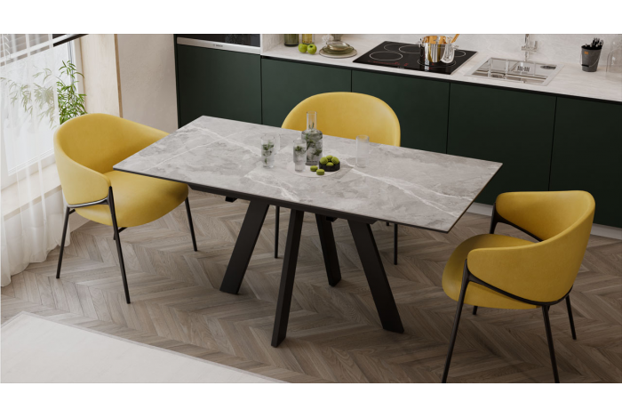 Стол обеденный раздвижной «Бронкс» Тип 1 Черный муар, Керамика матовая серый мрамор