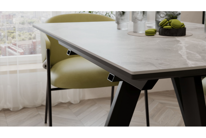 Стол обеденный раздвижной «Бронкс» Тип 1 Черный муар, Керамика матовая серый мрамор