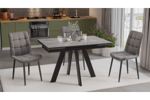 Стол обеденный раздвижной Джаггер Тип 1 Черный муар, Керамика матовая серый мрамор