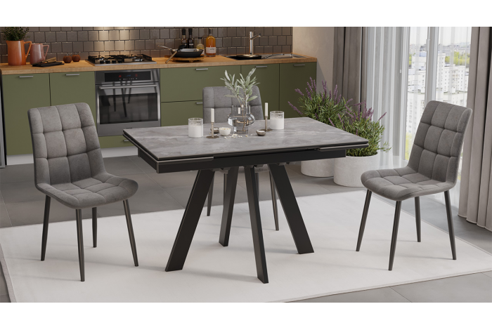 Стол обеденный раздвижной «Дуглас» Тип 1 Черный муар, Керамика матовая серый мрамор