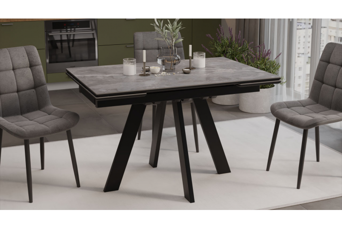 Стол обеденный раздвижной «Дуглас» Тип 1 Черный муар, Керамика матовая серый мрамор