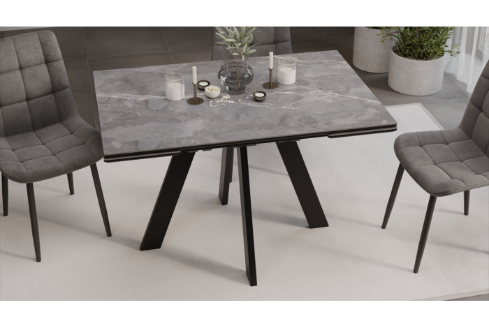 Стол обеденный раздвижной «Дуглас» Тип 1 Черный муар, Керамика матовая серый мрамор