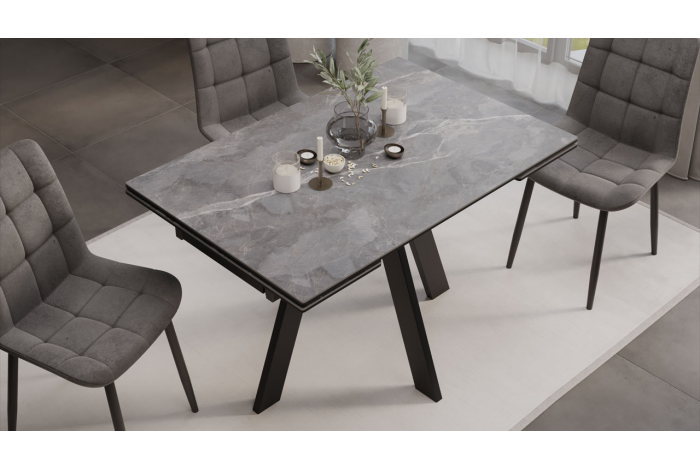 Стол обеденный раздвижной «Дуглас» Тип 1 Черный муар, Керамика матовая серый мрамор
