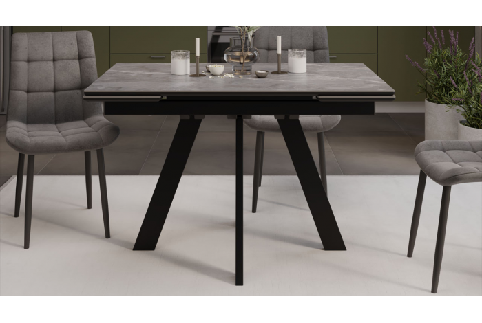 Стол обеденный раздвижной «Дуглас» Тип 1 Черный муар, Керамика матовая серый мрамор