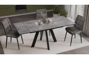 Стол обеденный раздвижной Джаггер Тип 1 Черный муар, Керамика матовая серый мрамор