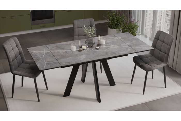 Стол обеденный раздвижной «Дуглас» Тип 1 Черный муар, Керамика матовая серый мрамор