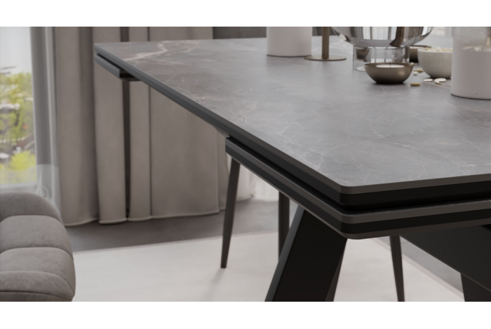 Стол обеденный раздвижной «Дуглас» Тип 1 Черный муар, Керамика матовая серый мрамор
