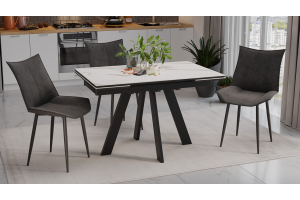 Стол обеденный раздвижной Джаггер Тип 1 Черный муар, Керамика матовая белый мрамор