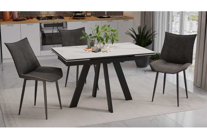 Стол обеденный раздвижной «Дуглас» Тип 1 Черный муар, Керамика матовая белый мрамор