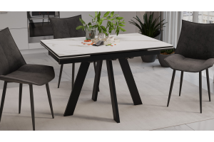 Стол обеденный раздвижной Джаггер Тип 1 Черный муар, Керамика матовая белый мрамор