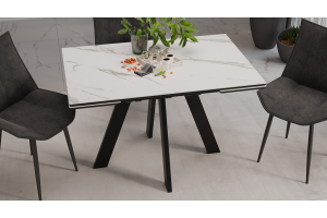 Стол обеденный раздвижной Джаггер Тип 1 Черный муар, Керамика матовая белый мрамор