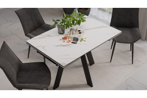 Стол обеденный раздвижной Джаггер Тип 1 Черный муар, Керамика матовая белый мрамор