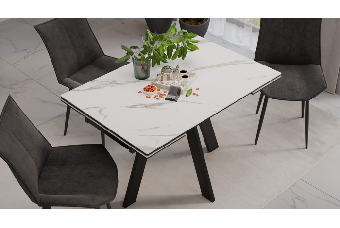Стол обеденный раздвижной «Дуглас» Тип 1 Черный муар, Керамика матовая белый мрамор