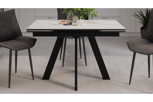 Стол обеденный раздвижной Джаггер Тип 1 Черный муар, Керамика матовая белый мрамор