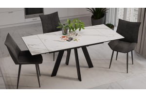 Стол обеденный раздвижной Джаггер Тип 1 Черный муар, Керамика матовая белый мрамор