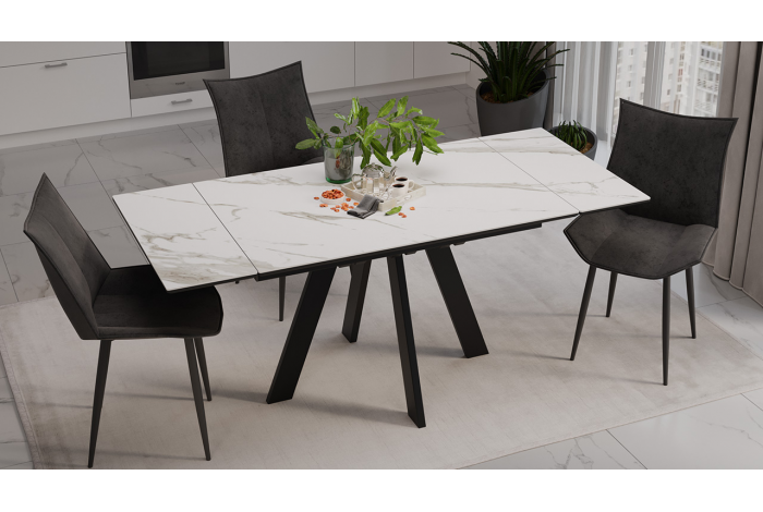 Стол обеденный раздвижной «Дуглас» Тип 1 Черный муар, Керамика матовая белый мрамор