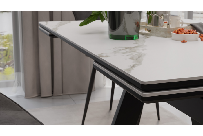 Стол обеденный раздвижной «Дуглас» Тип 1 Черный муар, Керамика матовая белый мрамор