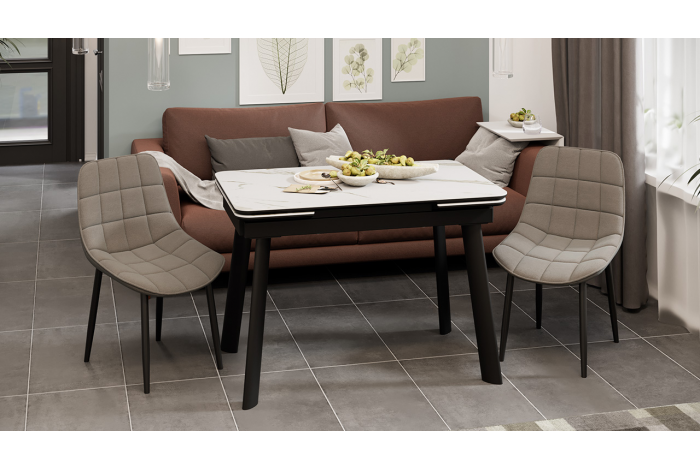 Стол обеденный раздвижной «Джойс» Тип 1 Черный муар, Керамика матовая белый мрамор