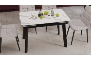 Стол обеденный раздвижной Джойс Тип 1 Черный муар, Керамика матовая белый мрамор