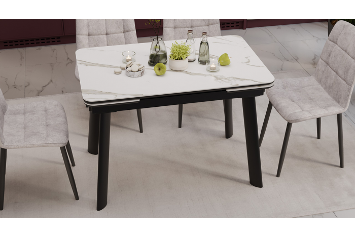 Стол обеденный раздвижной «Джойс» Тип 1 Черный муар, Керамика матовая белый мрамор