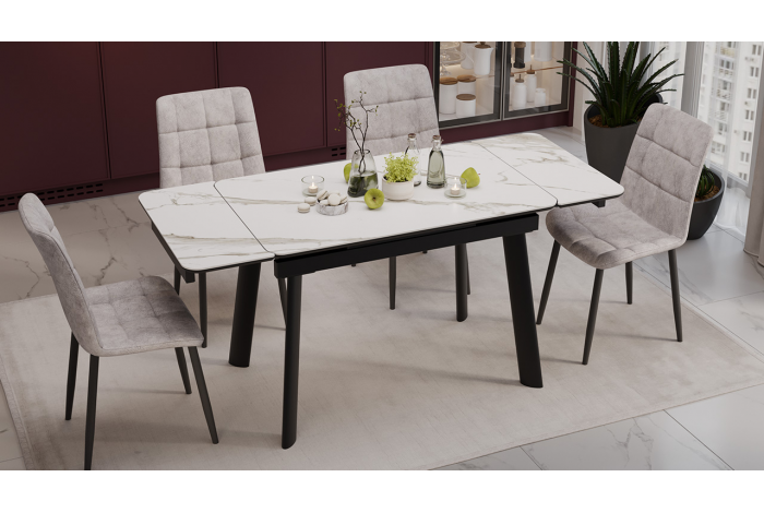 Стол обеденный раздвижной «Джойс» Тип 1 Черный муар, Керамика матовая белый мрамор