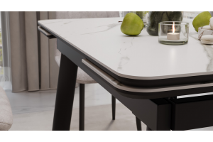 Стол обеденный раздвижной Джойс Тип 1 Черный муар, Керамика матовая белый мрамор