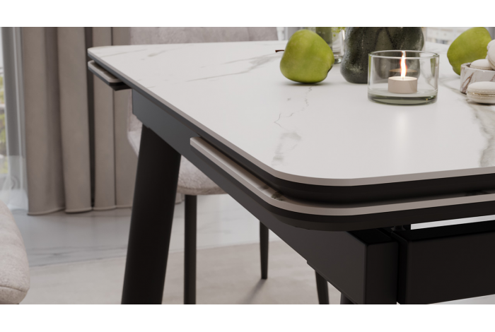 Стол обеденный раздвижной «Джойс» Тип 1 Черный муар, Керамика матовая белый мрамор